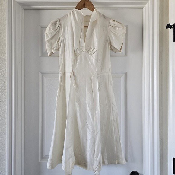 Dresses & Skirts - 1930s Vintage Ivory Midi Dress Bow Tie Front to Back Strap Puff Sleeve #45